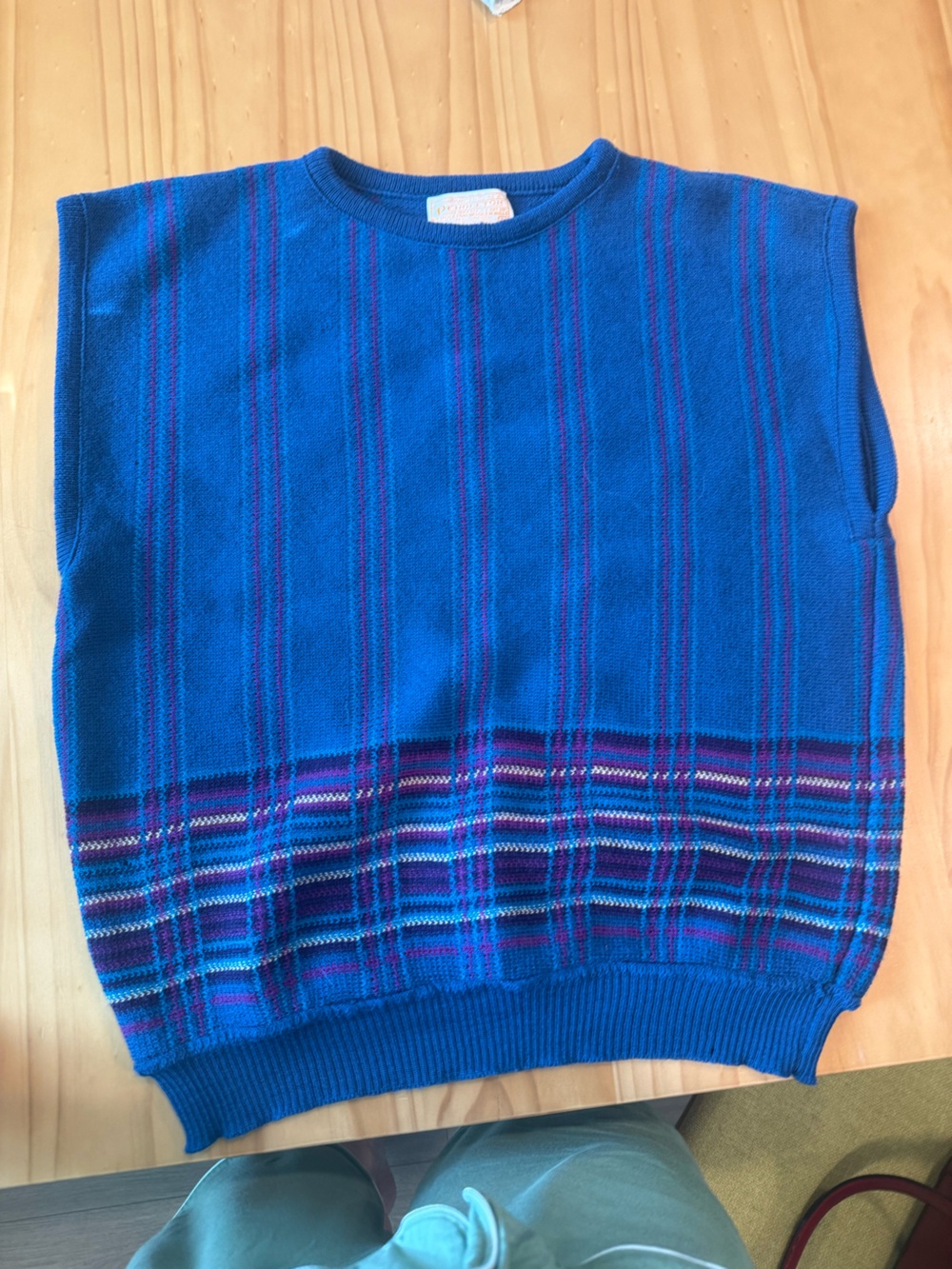 Pendleton Women's V-Neck Sweater Vest in Bright Blue with Purple Plaid Accent